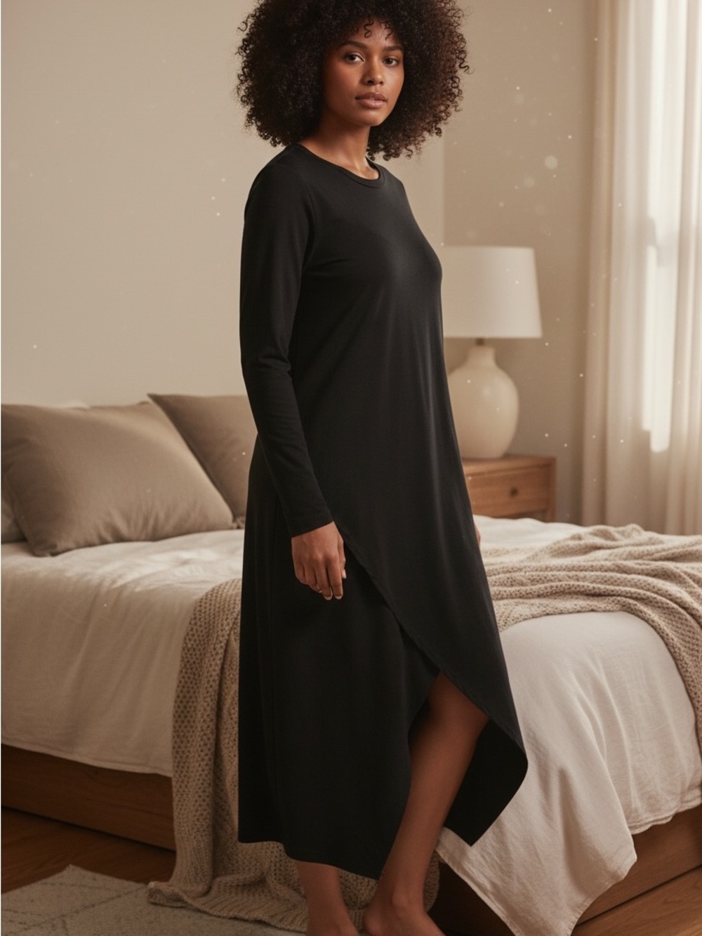 SHEIN Black Long Sleeve Faux-Wrap Midi Dress